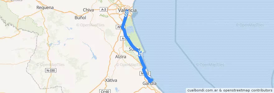 Mapa del recorrido C-1: València - Nord => Platja i Grau de Gandia de la línea  en València / Valencia.