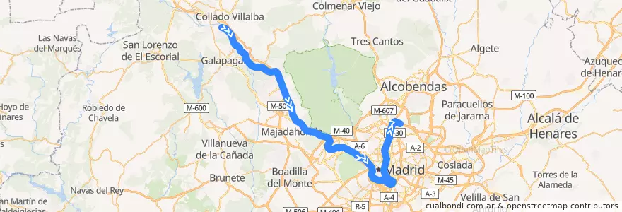 Mapa del recorrido C-10. Villalba → Príncipe Pío → Atocha → Chamartín → Fuente de la Mora de la línea  en Área metropolitana de Madrid y Corredor del Henares.