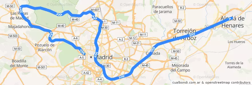 Mapa del recorrido C-7. Príncipe Pío → Chamartín → Atocha → Alcalá de Henares de la línea  en Área metropolitana de Madrid y Corredor del Henares.