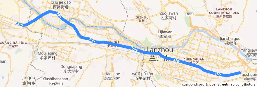 Mapa del recorrido 兰州轨道交通1号线 de la línea  en 兰州市 (Lanzhou).