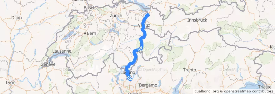 Mapa del recorrido Flixbus N76: Turin, Vittorio Emanuele => München, ZOB de la línea  en Suisse.