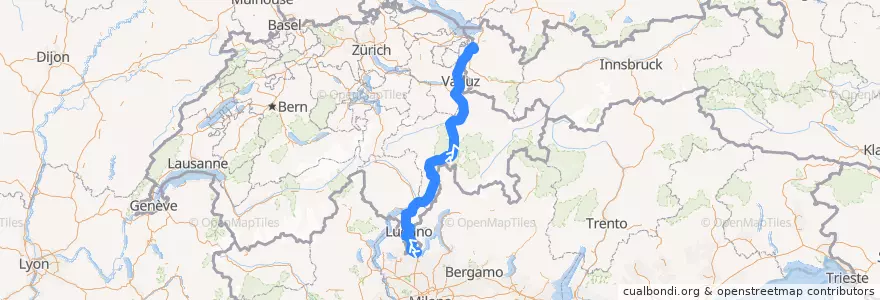 Mapa del recorrido Flixbus 076: Turin, Vittorio Emanuele => München, ZOB de la línea  en Zwitserland.