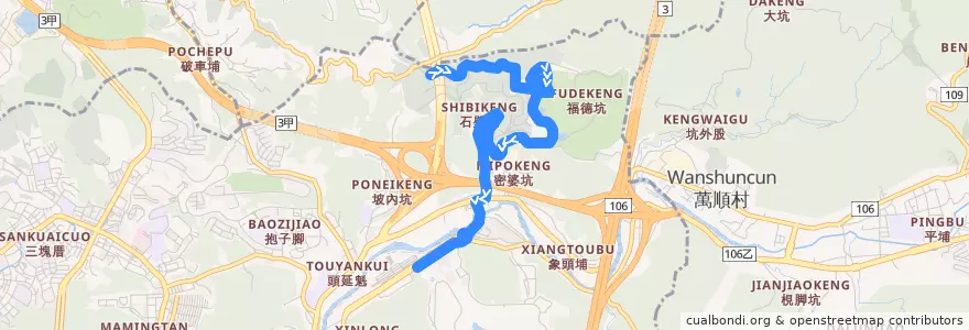 Mapa del recorrido 臺北市 112 捷運動物園站-富德靈骨塔 (往捷運動物園) de la línea  en 文山区.