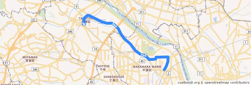 Mapa del recorrido 小杉線 de la línea  en 川崎市.