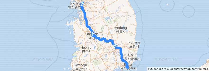 Mapa del recorrido 경부선 (부산역 행) de la línea  en Korea Selatan.