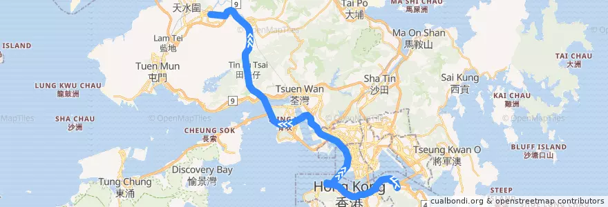 Mapa del recorrido Bus 968X (Quarry Bay (King's Road) → Yuen Long (West)) de la línea  en 新界 New Territories.