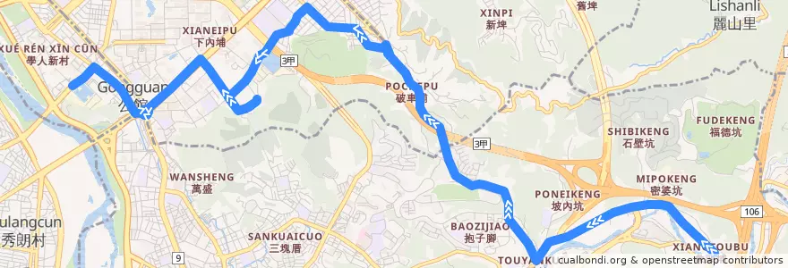 Mapa del recorrido 臺北市 小30 木柵路五段-自來水博物館 (往自來水博物館) de la línea  en Taipei.