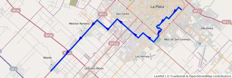 Mapa del recorrido 61 de la línea Oeste en Partido de La Plata.
