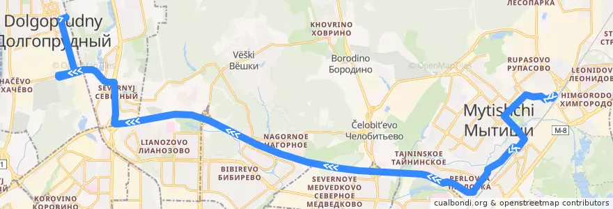 Mapa del recorrido Автобус 24: Мытищи => Долгопрудный de la línea  en Oblast Moskau.