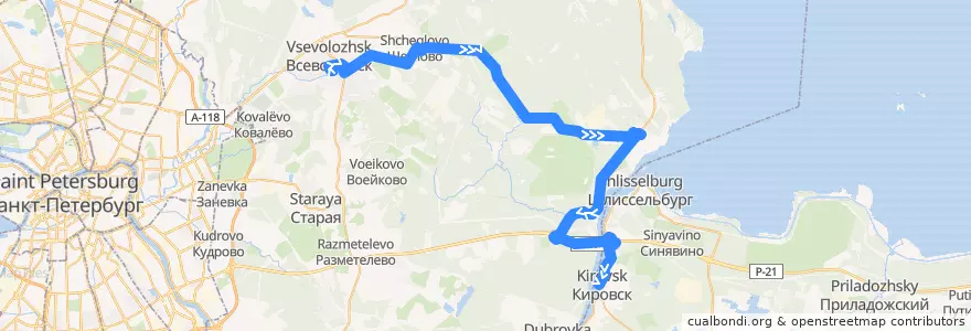 Mapa del recorrido Автобус № 513: Всеволожск => Кировск de la línea  en Всеволожский район.