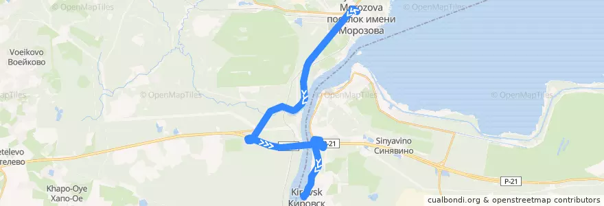 Mapa del recorrido Автобус № 513: посёлок имени Морозова => Кировск de la línea  en Ленинградская область.