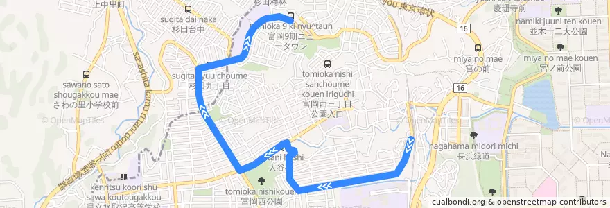 Mapa del recorrido 京急バス 富5 京急富岡駅〜富岡9期ニュータウン de la línea  en 金沢区.