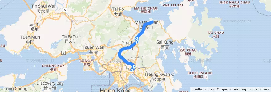 Mapa del recorrido 屯馬綫一期 Tuen Ma Line Phase 1 (啟德 Kai Tak → 烏溪沙 Wu Kai Sha) de la línea  en 新界 New Territories.