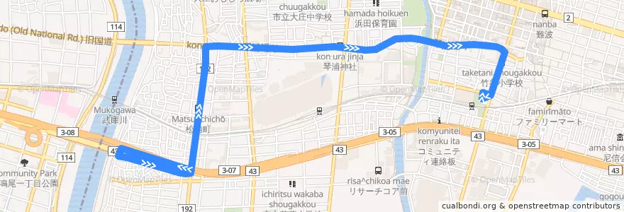 Mapa del recorrido 80：阪神出屋敷～大庄小学校～武庫川 de la línea  en 尼崎市.