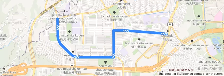 Mapa del recorrido 京急バス 能1 能見台駅〜氷取沢高校 de la línea  en 金沢区.