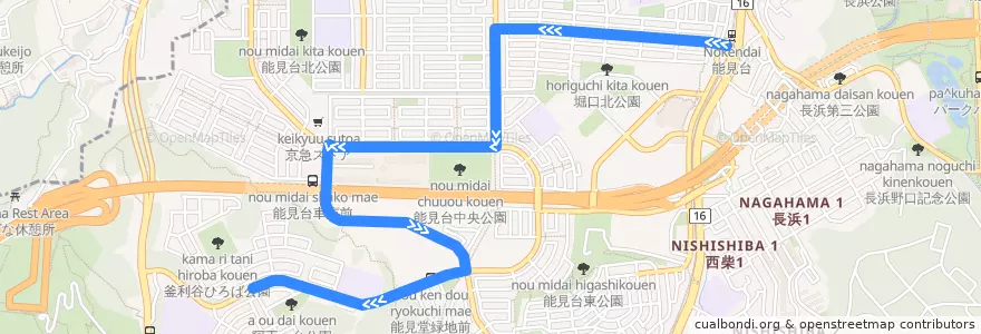 Mapa del recorrido 京急バス 能2 能見台駅〜釜利谷高校 de la línea  en 金沢区.