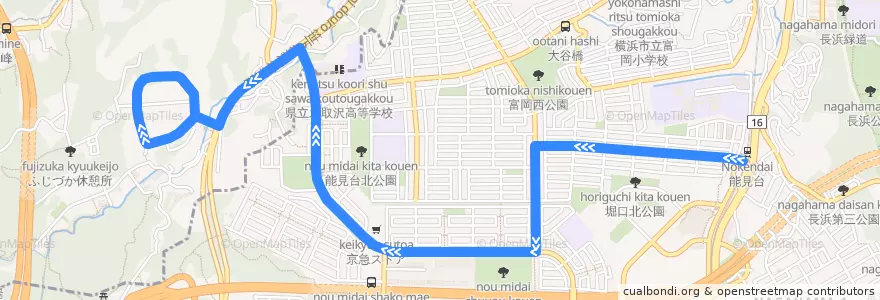 Mapa del recorrido 京急バス 能3 能見台駅〜氷取沢高校 de la línea  en 金沢区.