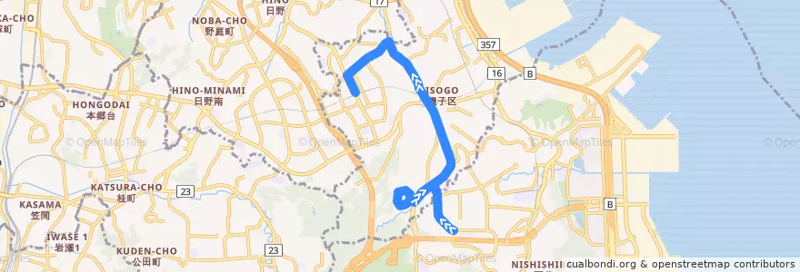 Mapa del recorrido 京急バス 107 能見台センター〜洋光台駅 de la línea  en 磯子区.