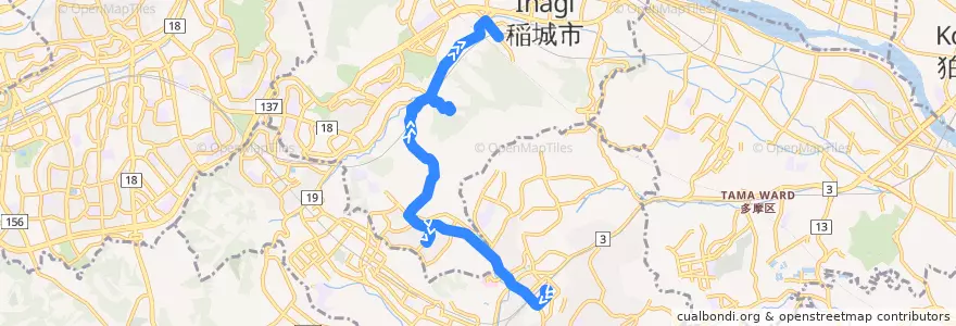 Mapa del recorrido 平尾線 新百合ヶ丘駅⇒稲城駅 de la línea  en Япония.
