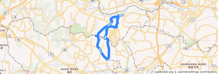 Mapa del recorrido 119系統　鴨居駅前～千丸台団地～白山高校 de la línea  en 横浜市.