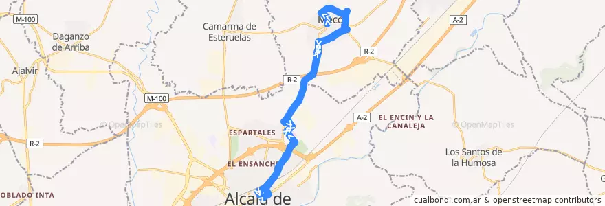 Mapa del recorrido 250 Alcalá de Henares - Meco de la línea  en بخش خودمختار مادرید.