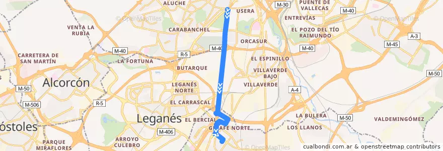 Mapa del recorrido Bus 443 Madrid (Plaza Elíptica) - Getafe (Las Margaritas) de la línea  en Área metropolitana de Madrid y Corredor del Henares.
