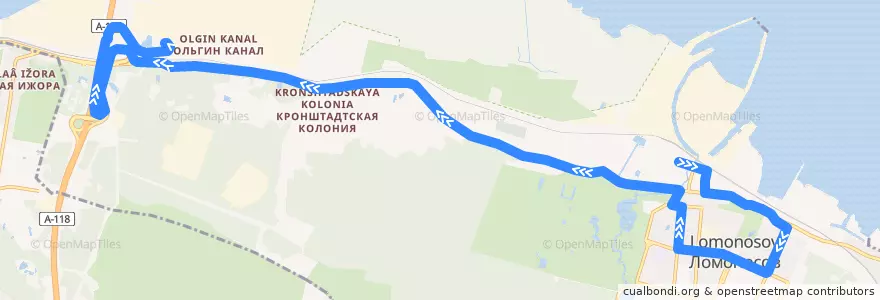 Mapa del recorrido Автобус № 2л: Ломоносов, вокзал => Бронка de la línea  en Ломоносов.