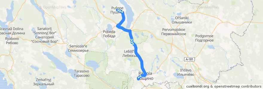 Mapa del recorrido Автобус № 125А: Пушное => Рощино de la línea  en Рощинское городское поселение.