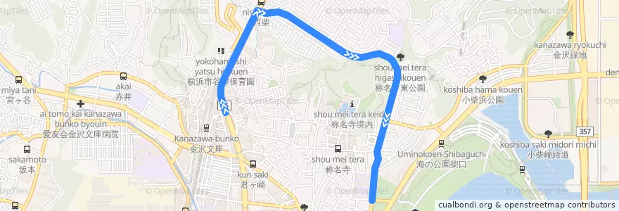 Mapa del recorrido 京急バス　文1６　金沢文庫駅〜海の公園 de la línea  en 金沢区.
