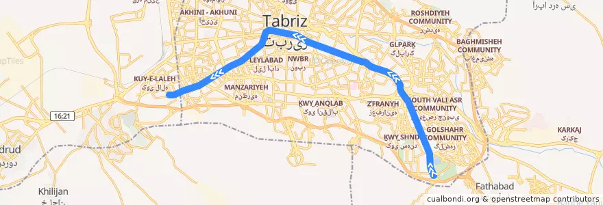 Mapa del recorrido خط یک قطار شهری تبریز - غربی de la línea  en تبریز.