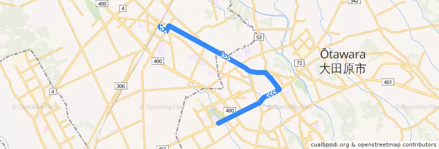 Mapa del recorrido 関東自動車バス 西那須野駅⇒大田原営業所 de la línea  en Tochigi Prefecture.