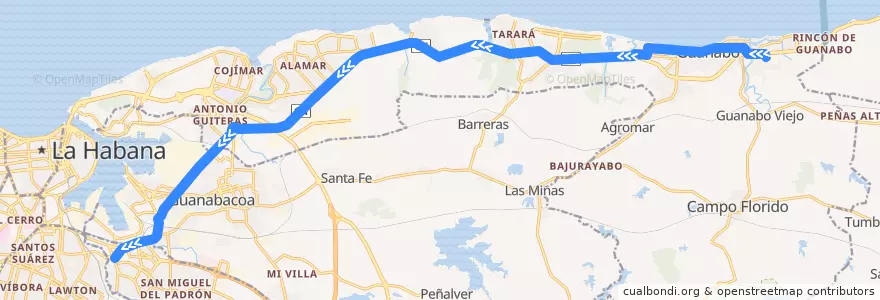 Mapa del recorrido Ruta A62 Guanabo =>Virgen del Camino de la línea  en La Habana.