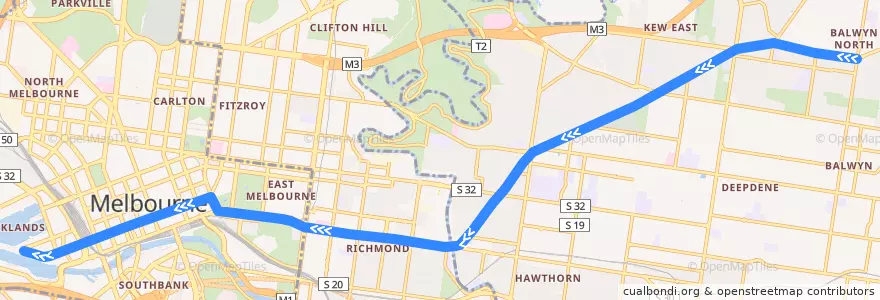 Mapa del recorrido Tram 48: North Balwyn => Victoria Harbour de la línea  en ولاية فيكتوريا.