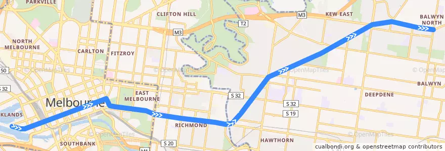 Mapa del recorrido Tram 48: Victoria Harbour => North Balwyn de la línea  en ولاية فيكتوريا.
