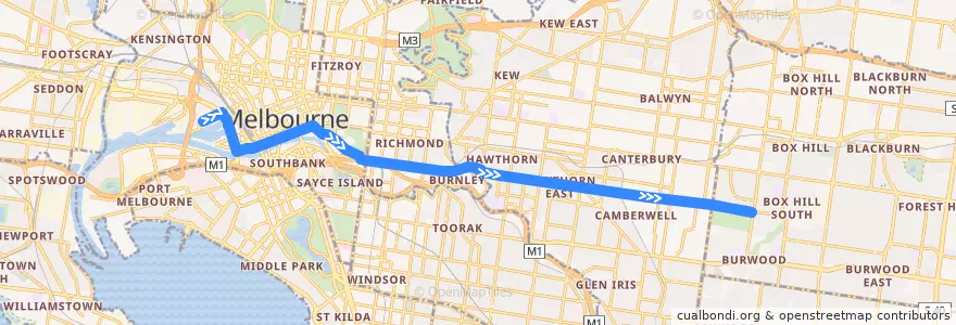 Mapa del recorrido Tram 70: Waterfront City => Wattle Park de la línea  en Victoria.