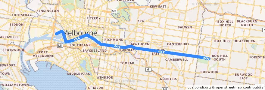 Mapa del recorrido Tram 70: Wattle Park => Waterfront City de la línea  en ビクトリア.