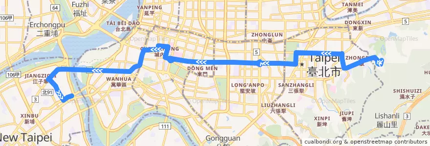 Mapa del recorrido 臺北市 仁愛幹線 五福新村-南港花園社區 (返程) de la línea  en Taipei.