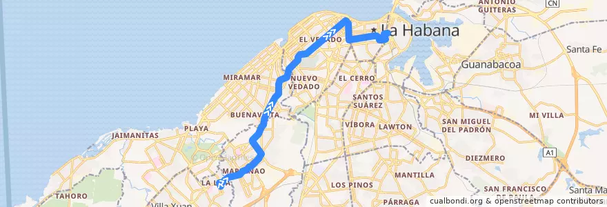 Mapa del recorrido Ruta 222 Lisa => Parque Central de la línea  en L'Avana.