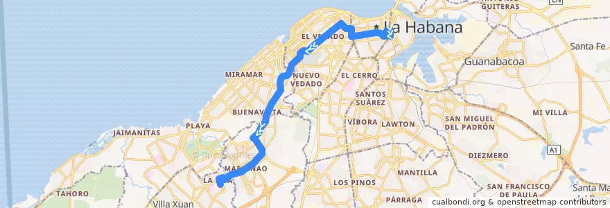 Mapa del recorrido Ruta 222 Parque Central => Lisa de la línea  en La Havane.