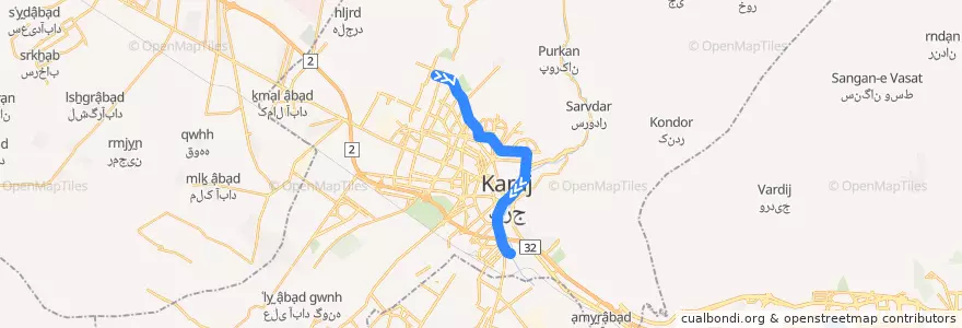 Mapa del recorrido خط ۲ قطار شهری کرج de la línea  en کرج.