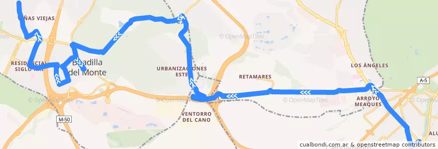 Mapa del recorrido Bus 571: Aluche - Boadilla (Por Montepríncipe) de la línea  en Área metropolitana de Madrid y Corredor del Henares.
