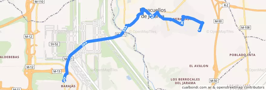Mapa del recorrido 214 Madrid (Barajas) - Paracuellos de la línea  en منطقة مدريد.