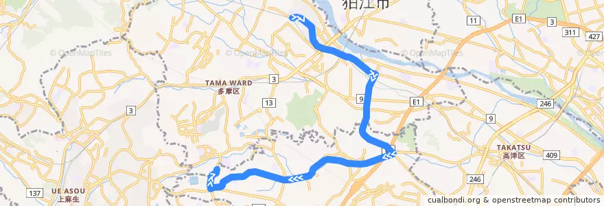 Mapa del recorrido カリタス線 鷲ヶ峰営業所前 → カリタス学園 de la línea  en 川崎市.
