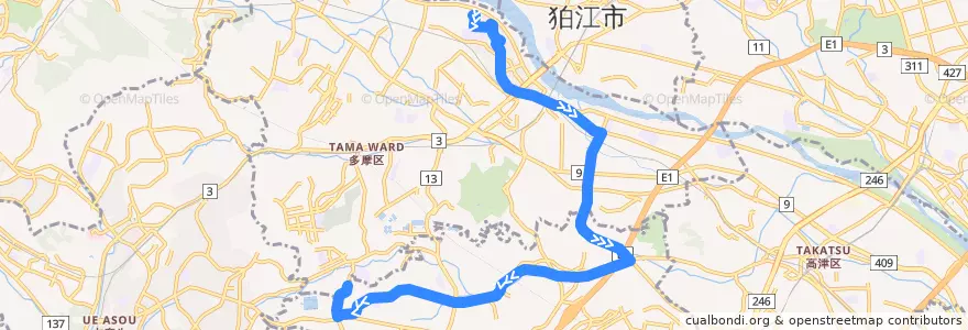 Mapa del recorrido カリタス線 鷲ヶ峰営業所前 → 中野島多摩川住宅 de la línea  en 川崎市.