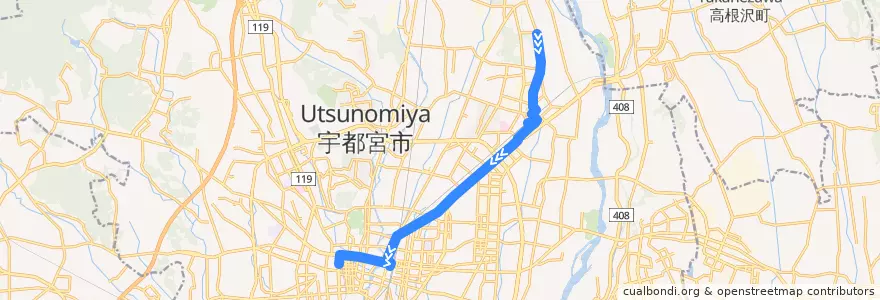 Mapa del recorrido 関東自動車バス 和久⇒今泉九丁目⇒宇都宮東武 de la línea  en Utsunomiya.