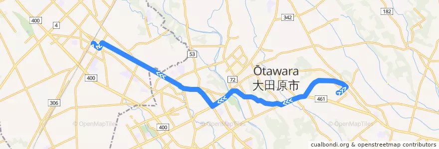 Mapa del recorrido 関東自動車バス 国際医療福祉大学⇒西那須野駅 de la línea  en 栃木県.