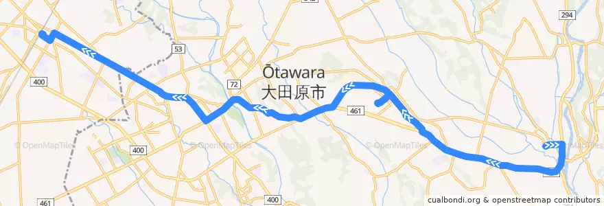 Mapa del recorrido 関東自動車バス 黒羽出張所⇒西那須野駅 de la línea  en 大田原市.