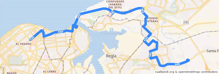 Mapa del recorrido Ruta A95 Vedado => Tunel => Guanabacoa de la línea  en L'Avana.