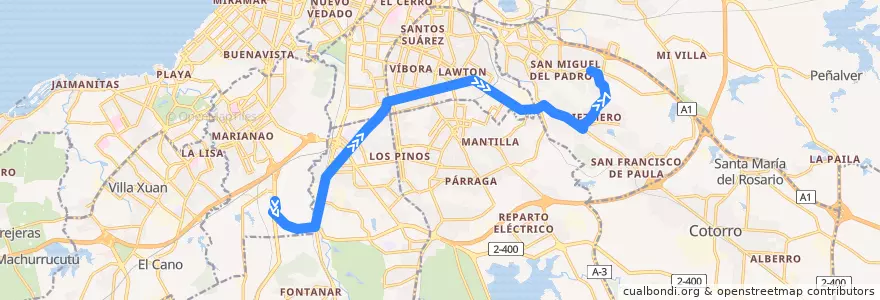 Mapa del recorrido Ruta A35 CUJAE => Diezmero de la línea  en Havana.