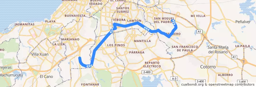 Mapa del recorrido Ruta A35 Diezmero => CUJAE de la línea  en L'Avana.
